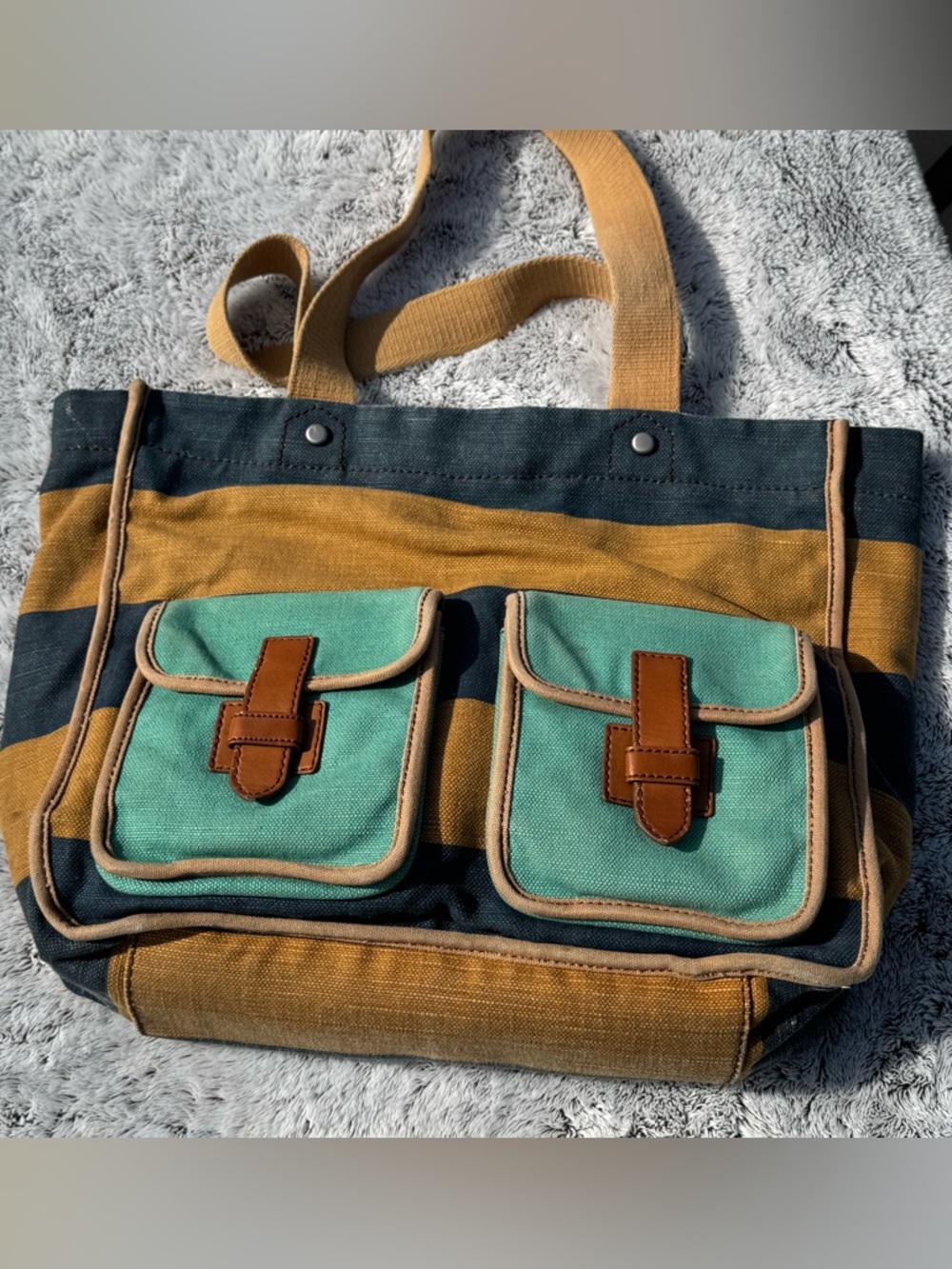 Fossil Striped Canvas Tote with Mint Front Pockets
